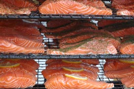 photo of salmon on smoking racks