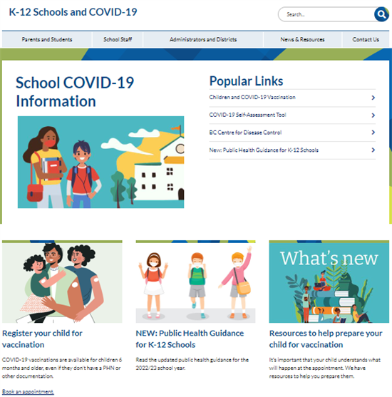 Screenshot of K-12 Schools and COVID-19 website