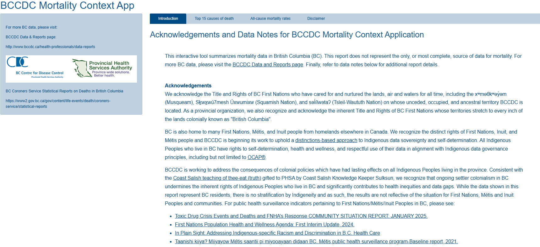 A screen shot shows the first screen of the BCCDC Mortality Context App