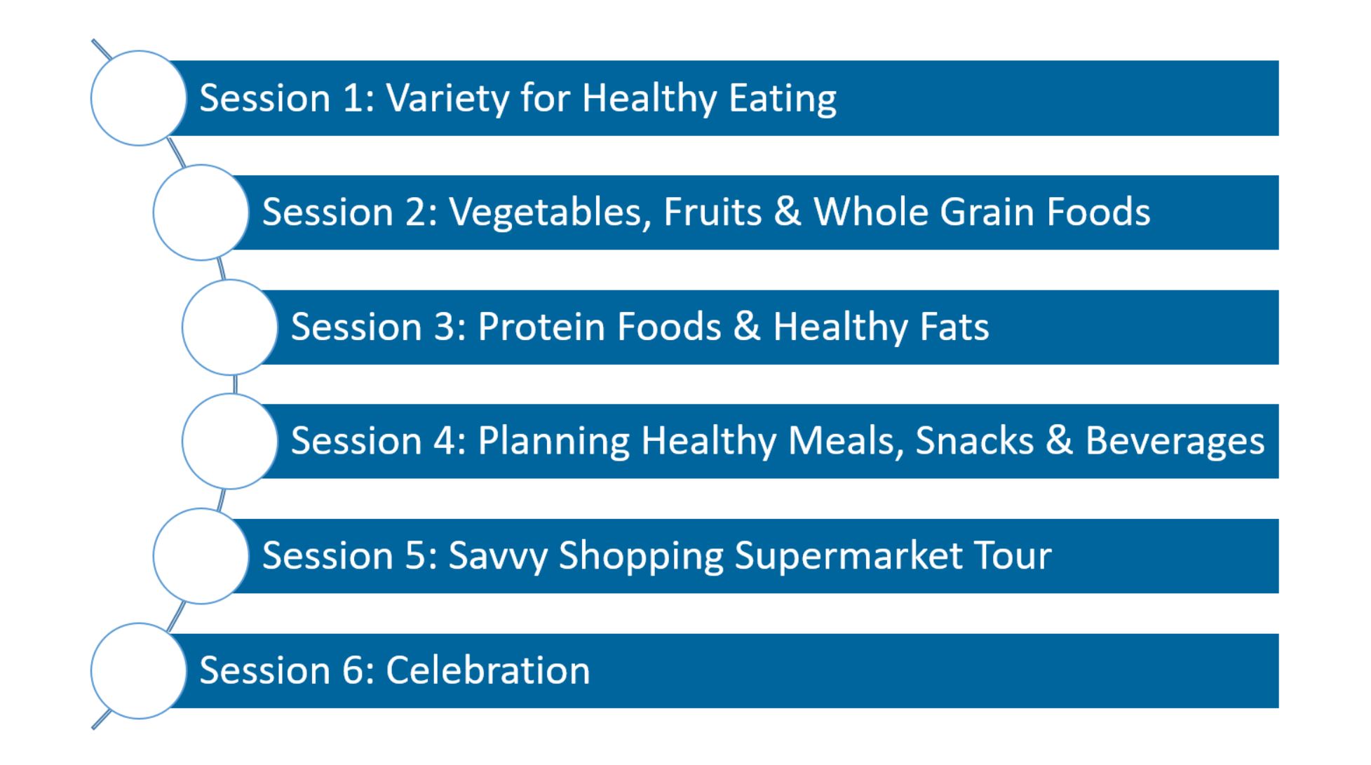 Healthy eating; Vegetables, fruits & whole grains; Protein & fats; Planning meals snacks & beverages; Shopping tour; Celebration