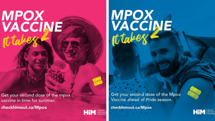 Two ads side by side with the text: Mpox Vaccine It Takes 2. Get your second dose of the mpox vaccine in time for summer. 