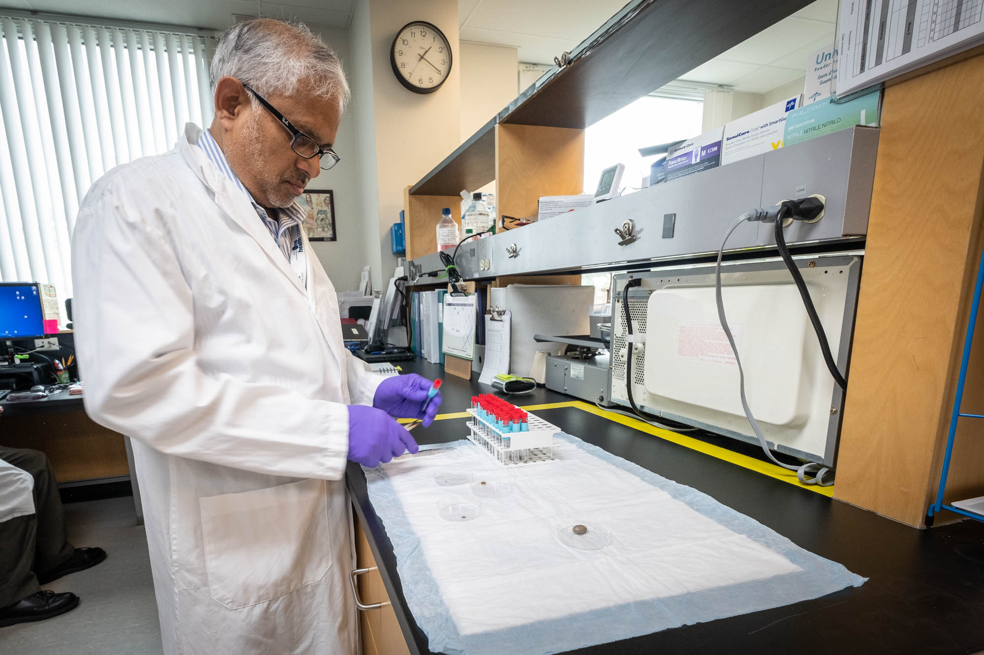A man in a white lab coat wearing nitrile gloves stands holds a test tube while looking down at tick specimens.